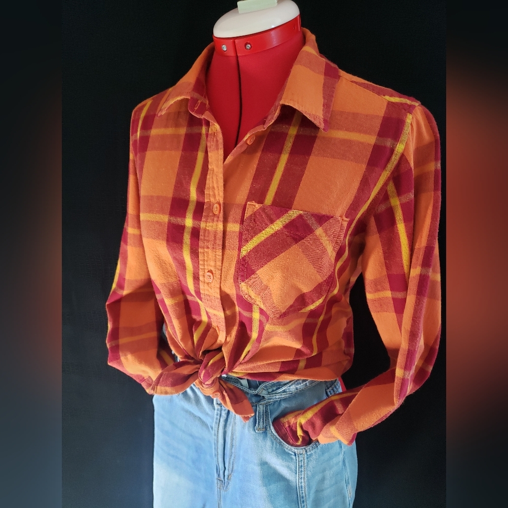 Time and Tru Orange and Red Plaid Men's Shirt